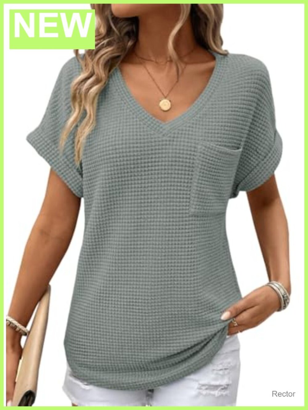 Waffle Knit Short Sleeve V-Neck Loose Fit Pullover Top